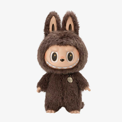 Pop Mart Labubu in a brown furry costume with a white background