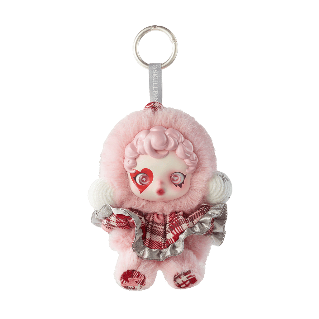 Pop Mart Labubu keychain with a doll face on a white background