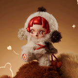 Pop Mart Labubu with red hair and a white outfit on a warm-toned background