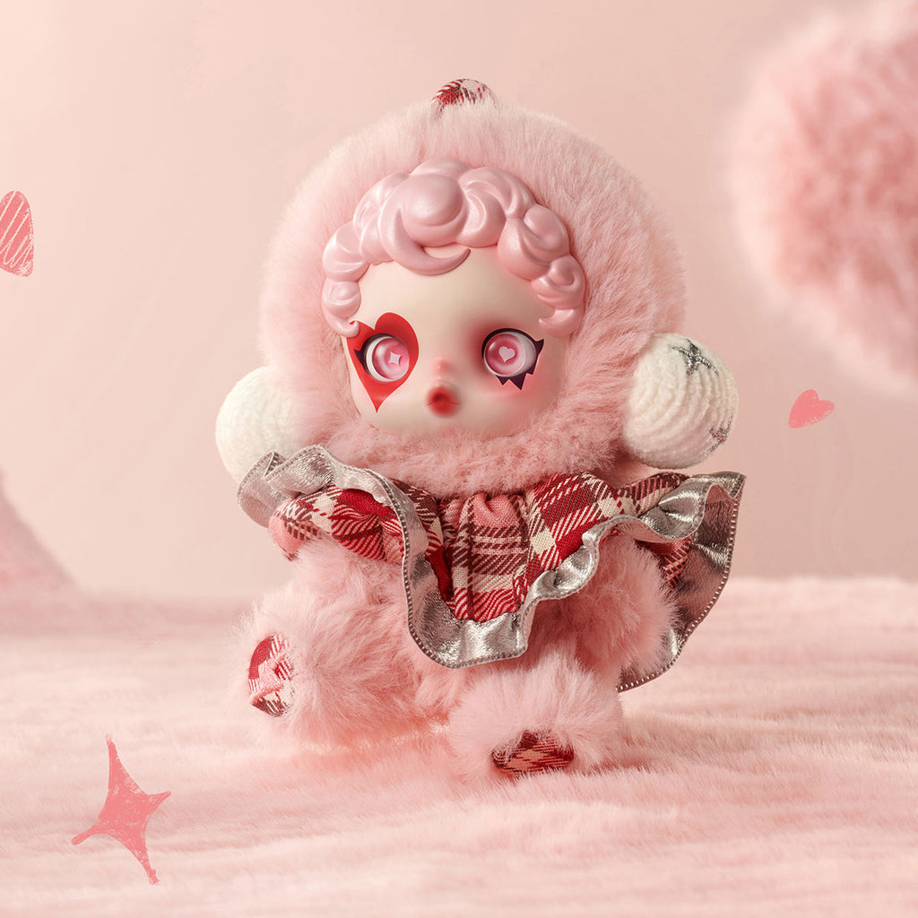 Pop Mart Labubu with pink hair and outfit on a soft pink background