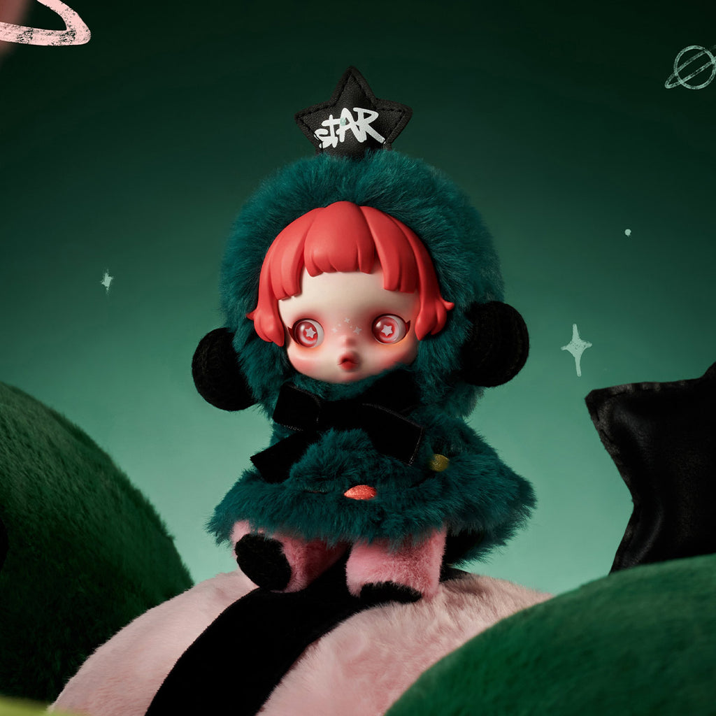 Pop Mart Labubu with red hair and green fur coat on a dark green background