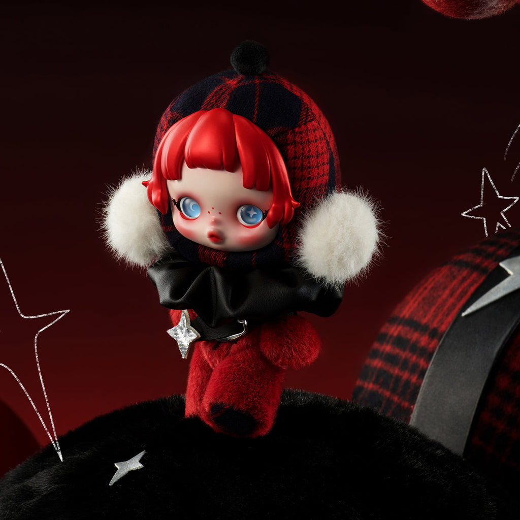 Pop Mart Labubu with red hair and plaid hat on a dark background
