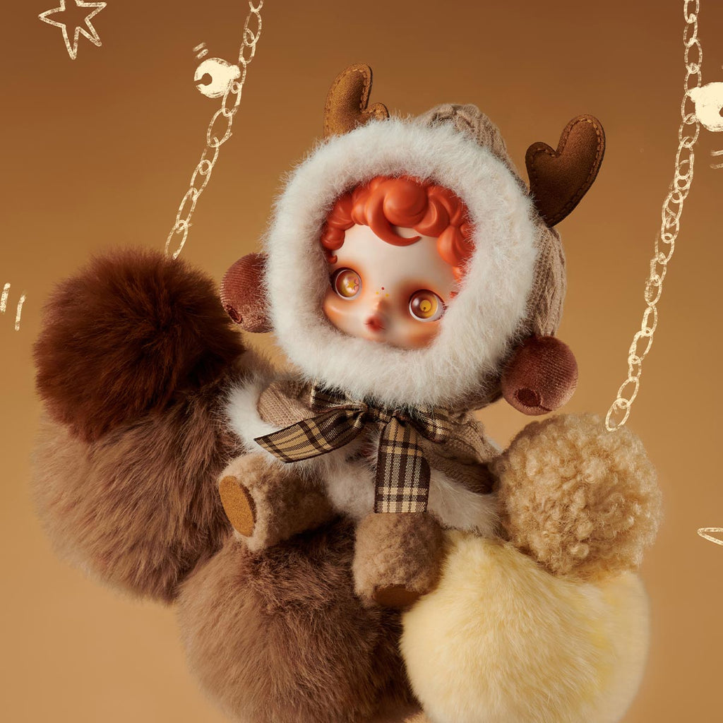Pop Mart Labubu with a fluffy hood and plaid bow on a brown background