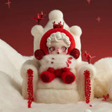 Pop Mart Labubu in a red outfit sitting on a white throne with red decorations against a red background.