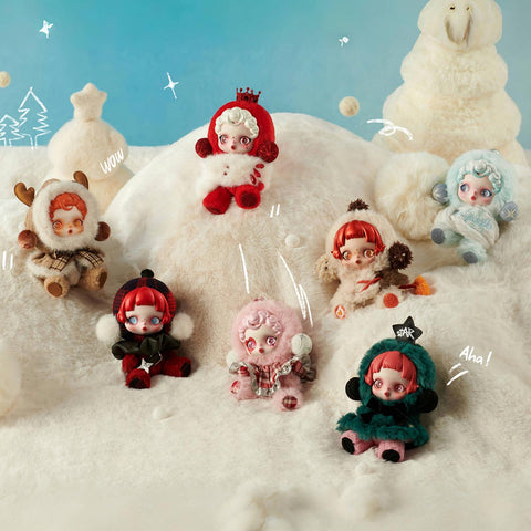 Collection of Pop Mart Labubu in winter clothing on a snowy background with snowflakes.