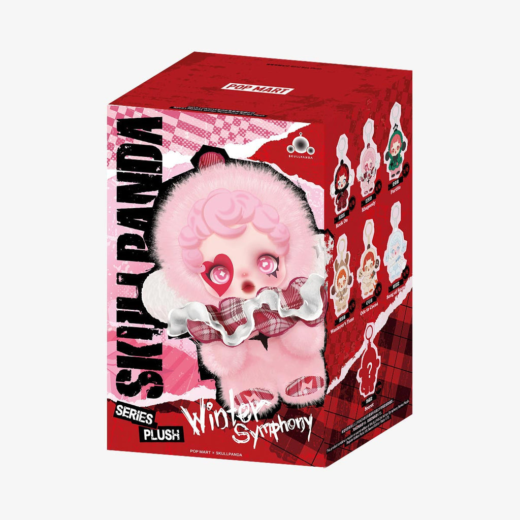 Pink Pop Mart Labubu with plaid bow on a red box packaging