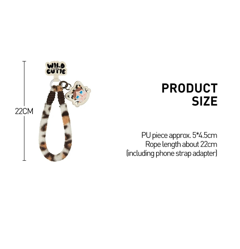 Leopard print Pop Mart Labubu phone strap with product size details on a white background