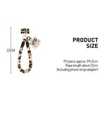 Leopard print Pop Mart Labubu phone strap with product size details on a white background