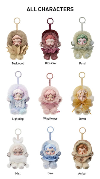 Set of POP MART’s Skullpanda keychains with different color variations on a white background