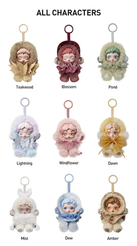 Set of POP MART’s Skullpanda keychains with different color variations on a white background