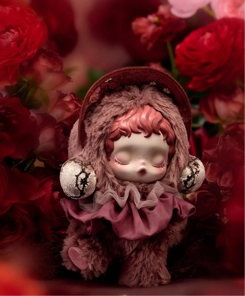 Stylized POP MART’s Skullpanda with pink hair and outfit surrounded by red flowers