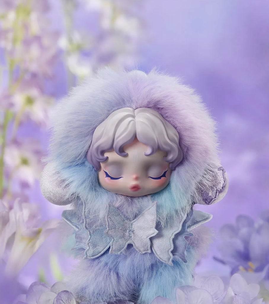 Animated POP MART’s Skullpanda with a fluffy hood and white hair against a blurred floral background