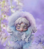 Animated POP MART’s Skullpanda with a fluffy hood and white hair against a blurred floral background