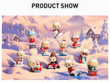 Collection of small POP MART Labubu Coca cola Series with a snowy landscape background