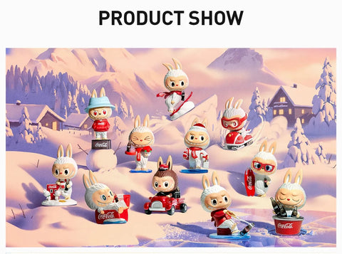 Collection of small POP MART Labubu Coca cola Series with a snowy landscape background