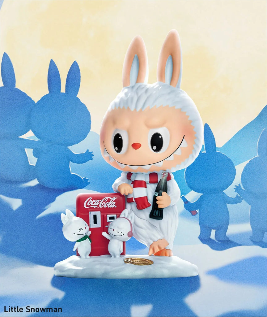 POP MART Labubu Coca cola Series with bunny ears and a Coca-Cola sign in a snowy scene