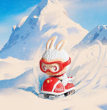 POP MART Labubu Coca cola Series with goggles and Coca-Cola logo on a snowy mountain background