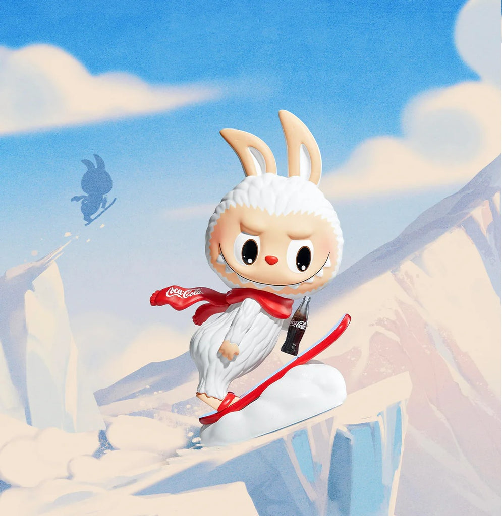 POP MART Labubu Coca cola Series with bunny ears and a Coca-Cola scarf sitting on a cloud.