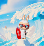 POP MART Labubu Coca cola Series in a winter outfit holding a Coca-Cola surfboard with a snowy landscape in the background.