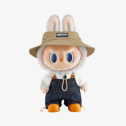 POP MART Labubu with a hat, white fur, blue eyes, and orange shoes on a white background