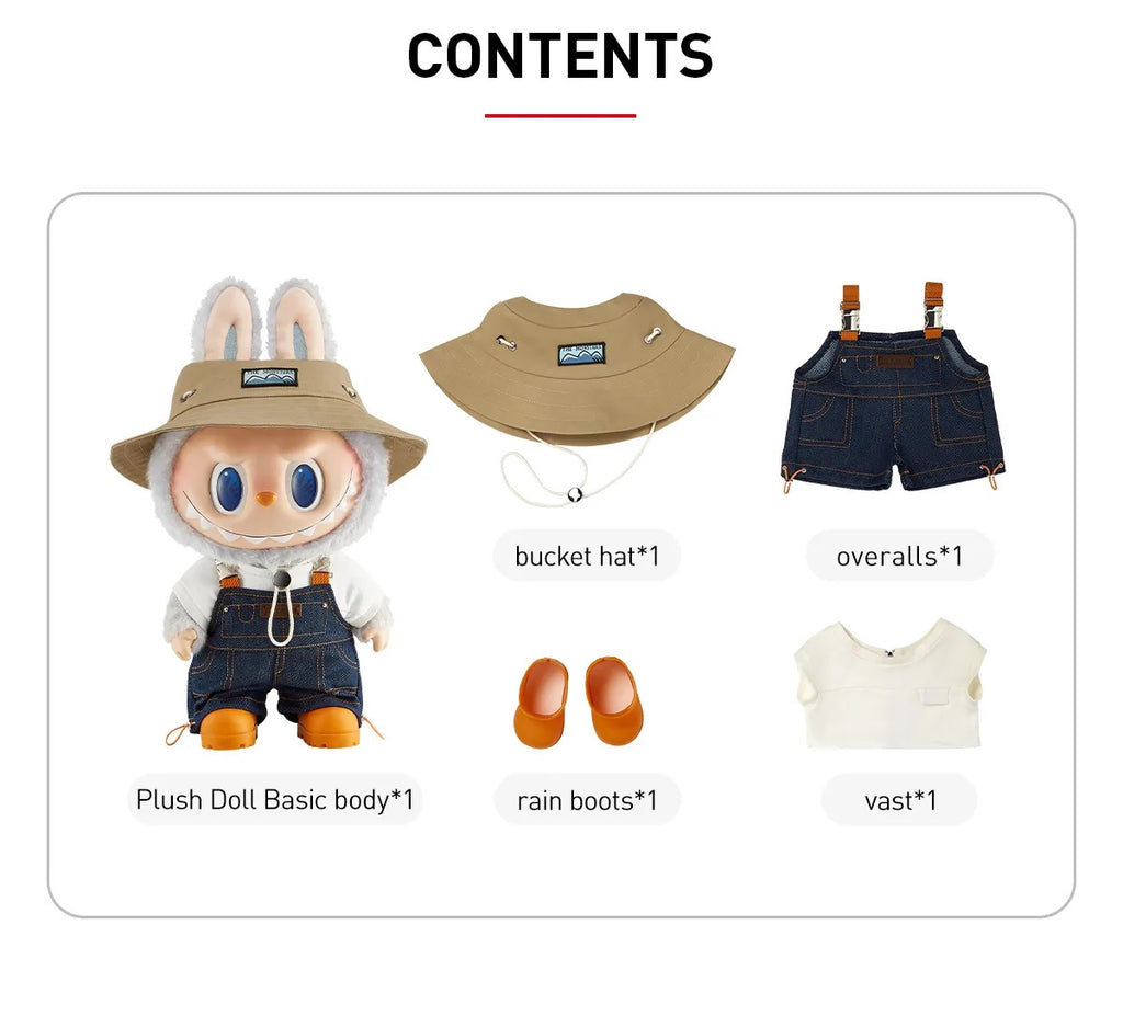 Set of POP MART Labubu accessories including a plush doll, bucket hat, overalls, rain boots, and a vest on a white background.