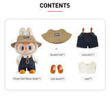 Set of POP MART Labubu accessories including a plush doll, bucket hat, overalls, rain boots, and a vest on a white background.