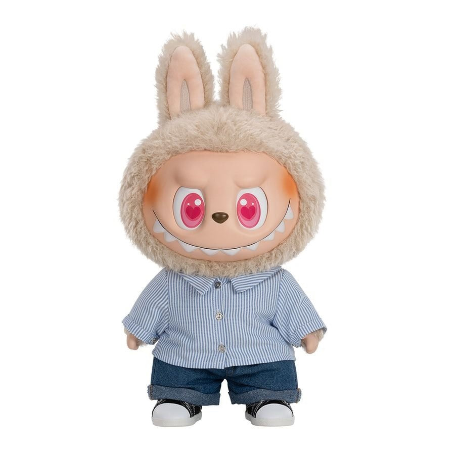 POP MART Labubu Flip with me with bunny ears and a striped shirt on a white background