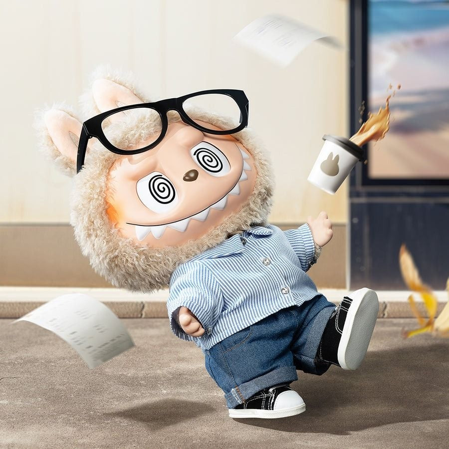 POP MART Labubu Flip with me with glasses and a coffee cup on a couch