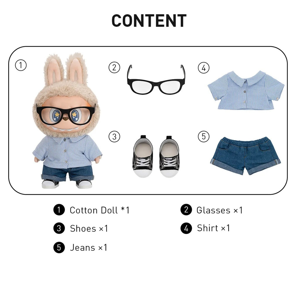 POP MART Labubu Flip with me with a cotton doll, glasses, shirt, and jeans on a white background.