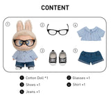 POP MART Labubu Flip with me with a cotton doll, glasses, shirt, and jeans on a white background.