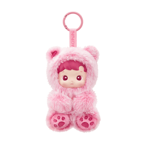 Pink POPMART HACIPUPU Gummy Bear Series with a hood and paw prints on a white background