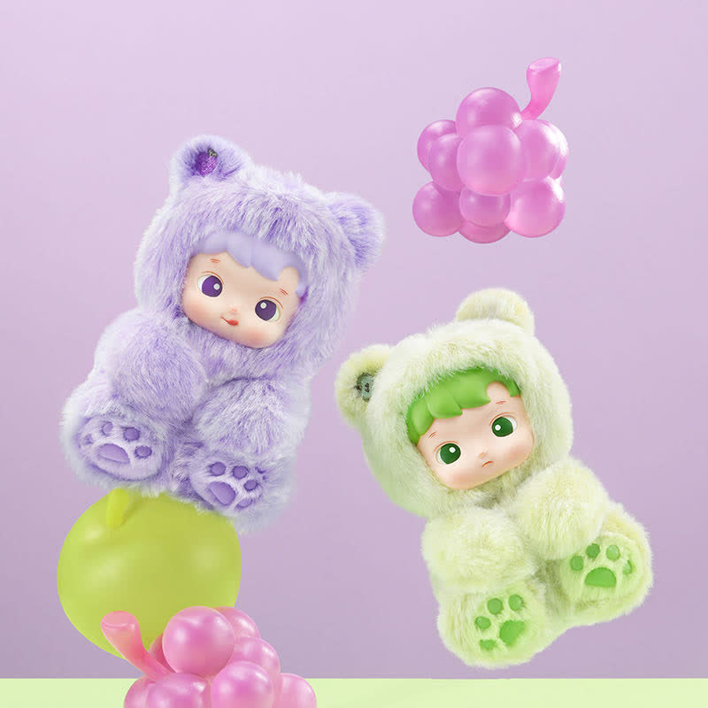 Two POPMART HACIPUPU Gummy Bear Series, one purple and one green, on a light purple background with pink and green balloons.