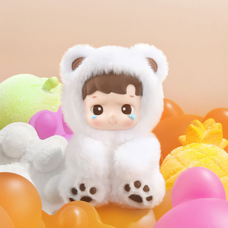 POPMART HACIPUPU Gummy Bear Series in a white animal costume surrounded by colorful balloons on a beige background