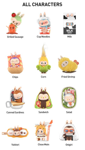 Collection of Pop Mart Labubu with labels on a white background