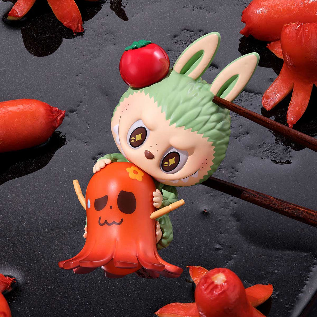 Pop Mart Labubu holding an octopus with sushi background