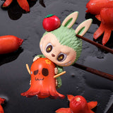 Pop Mart Labubu holding an octopus with sushi background
