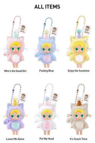 Set of six colorful POP MART Baby Molly Pocket Friends Series-themed keychains with different expressions and names on a white background.
