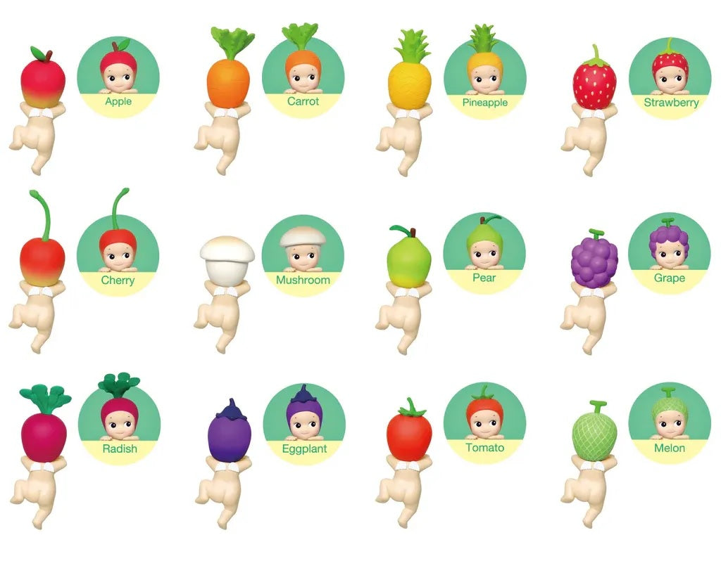 Set of Sonny Angel Hipper Harvest Series with corresponding labels.