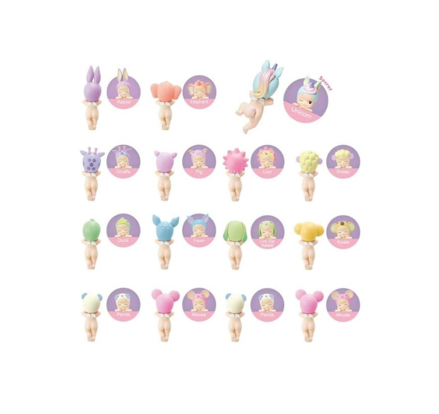 Set of Sonny Angel Hipper Dreaming Series with colorful tops on a white background