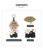 Plush Pop Mart the Labubu Monsters with bucket hat, overalls, and daisy flower on a white background