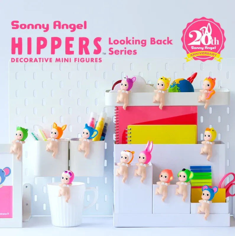 Decorative mini figures from the Sonny Angel Hippers series on a white background with stationery items.