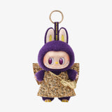 POP MART Labubu Wings of fortune keychain with a purple outfit and gold accents on a white background