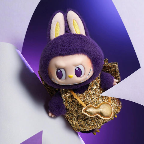 POP MART Labubu Wings of fortune with purple hood and gold accents on a geometric background
