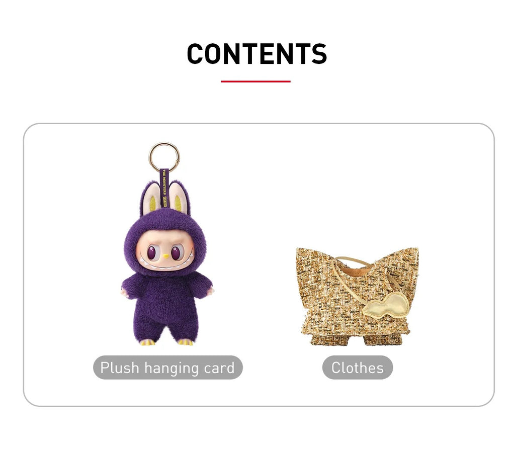 POP MART Labubu Wings of fortune hanging card and clothes on a white background with 'Contents' text above.