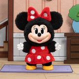 POP MART Mickey Family Cute Minnie Mouse standing on a mat in a room with a striped wall.