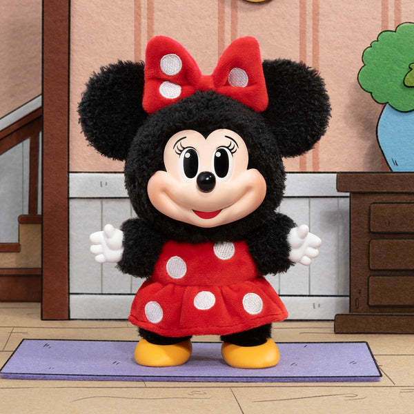 POP MART Mickey Family Cute Minnie Mouse standing on a mat in a room with a striped wall.