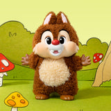 Plush toy of a cartoon chipmunk character with a forest background