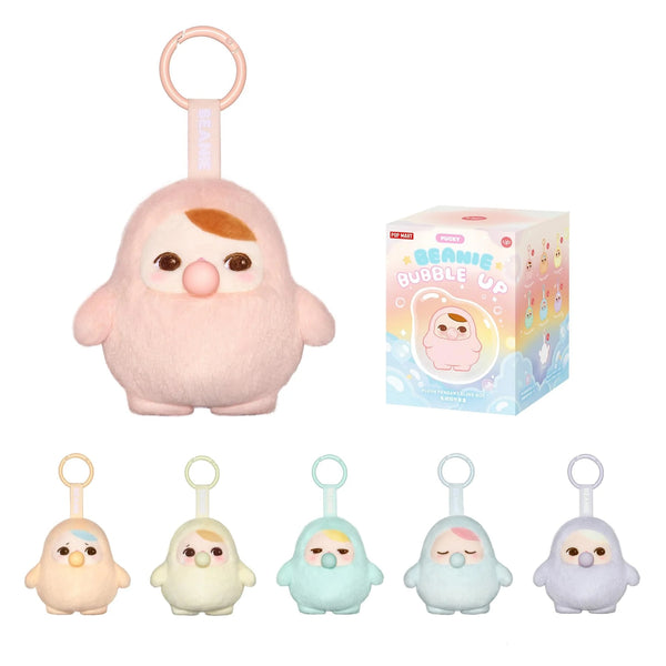 POP MART Pucky Beanie Bubble Up Series with a pink ghost design and its packaging on a white background