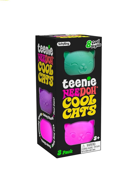 Three mini cat-shaped Teenie Cool Cat NeeDoh squishy stress balls lined up