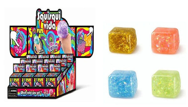 Sparkly 6cm glitter squishy square toy being squeezed for sensory stress relief